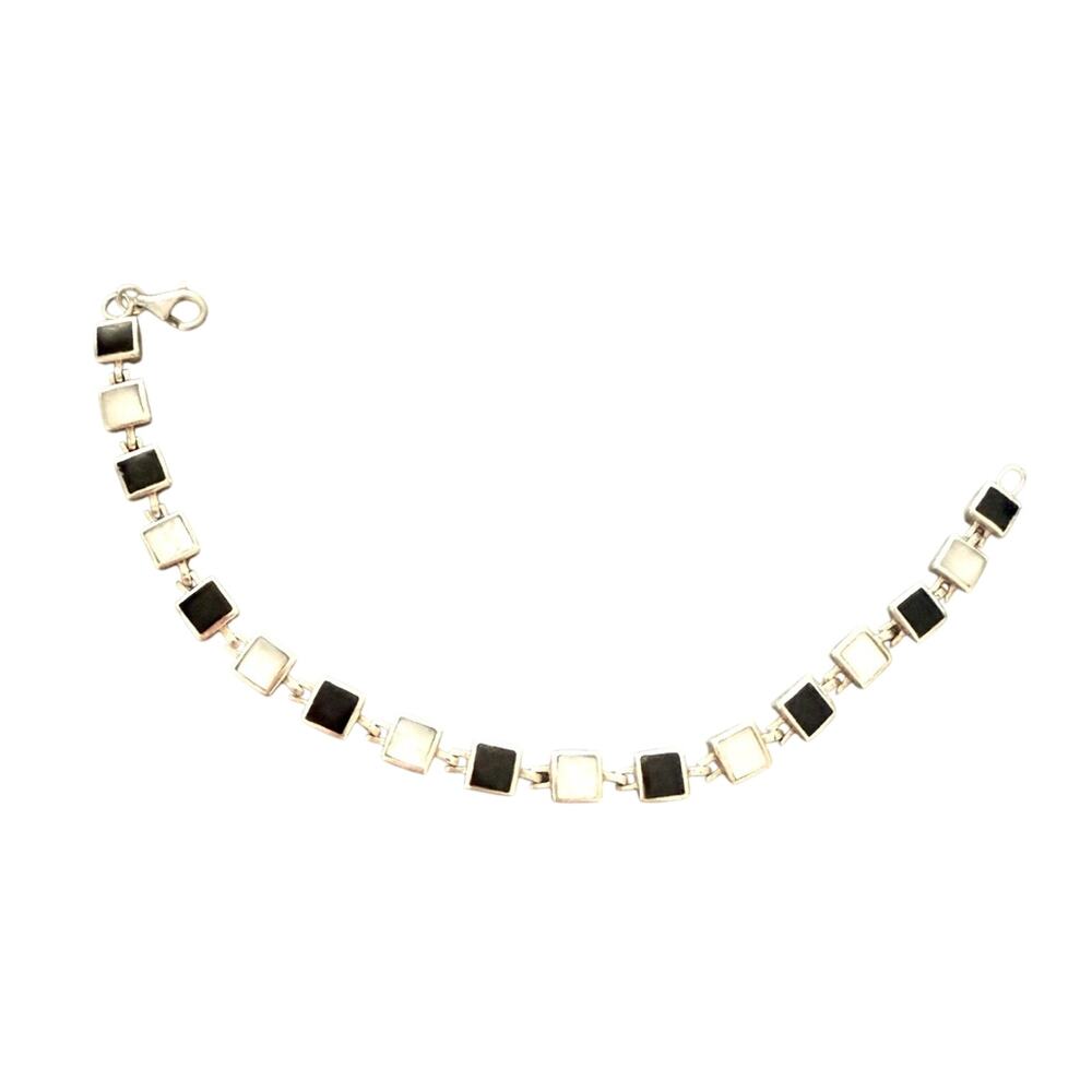 925 Sterling Silver Black Onyx Mother of Pearl Linked Squares Bracelet